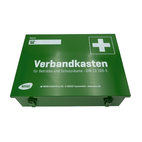 Betriebsverbandkasten aus Blech, Inhalt und Behältnis gemäß DIN 13169