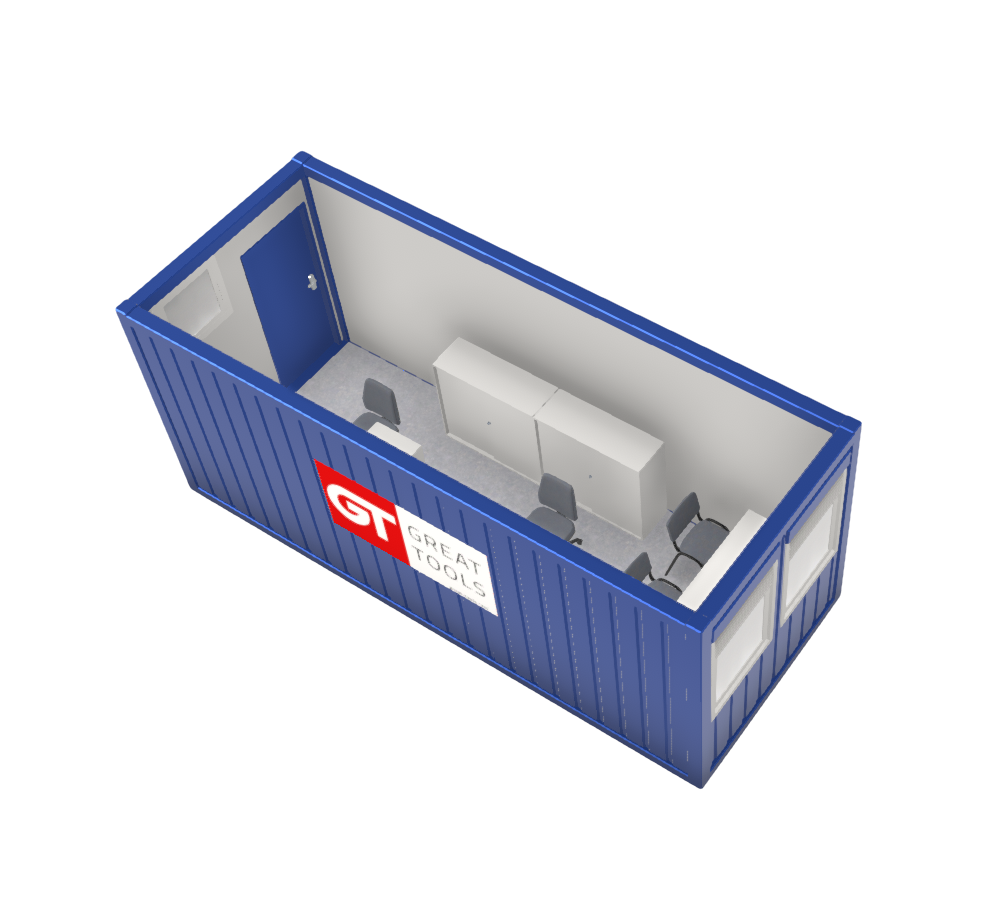 Büro- / Mannschaftscontainer, 6 m; h = 2,6 m, blau RAL 5010