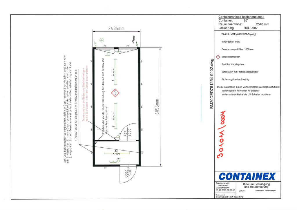 Büro- / Mannschaftscontainer, 6 m; h = 2,8 m, m. Trennwand, weiß RAL 9002