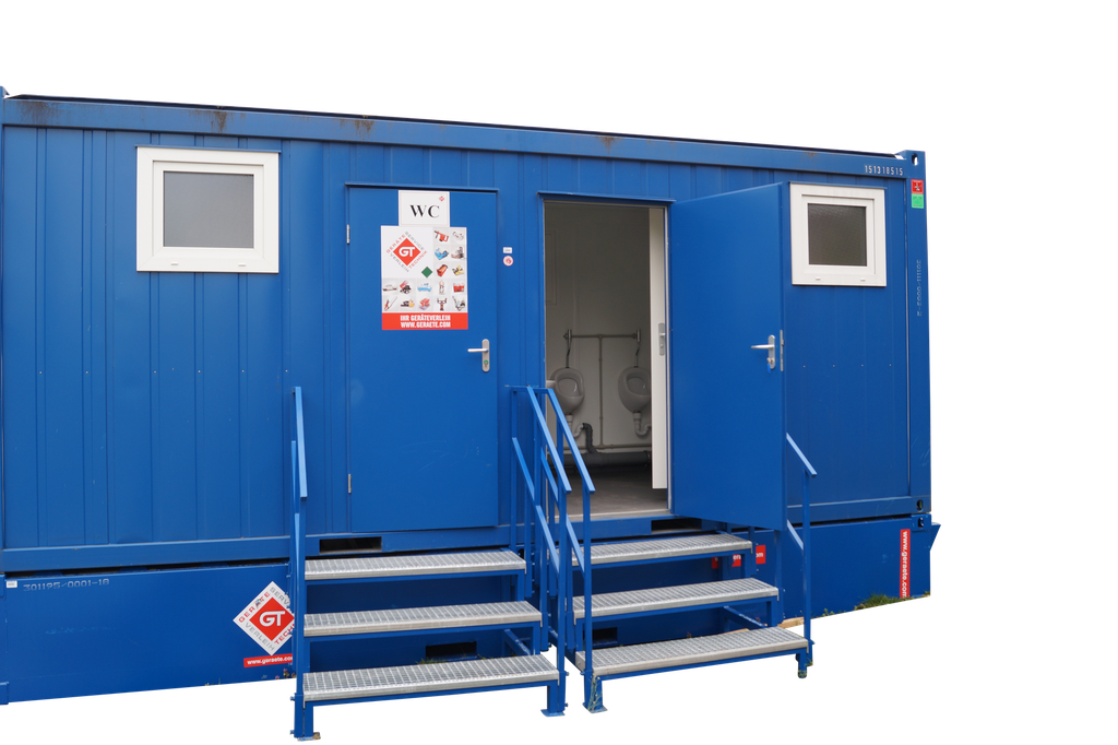 WC-Container, 6 m; h = 2,6 m, Damen / Herren, blau RAL 5010