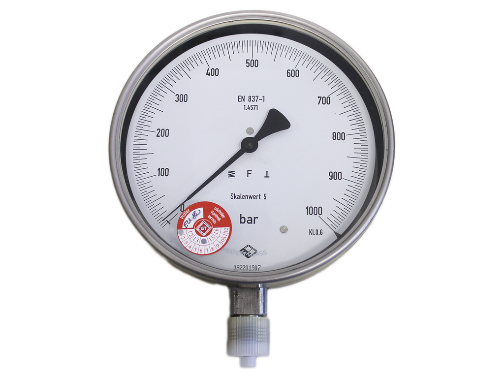 Feinmess-Manometer, 0 bis 1000 bar, G 1/2" Edelstahl, Kl. 0,6