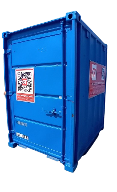 Magazincontainer, 2,25 m;b = 1,6 m; h = 2,42 m, mit Regal, blau RAL 5010