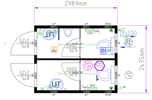 [301111/0007] WC-Container, 3 m; h = 2,8 m, 1 x Damen / 1 x Herren, blau RAL 5010