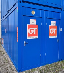 [301110/0009] Sanitärcontainer, 6 m; h = 2,8 m, 2 Türen, mit Extra WC, blau RAL 5010
